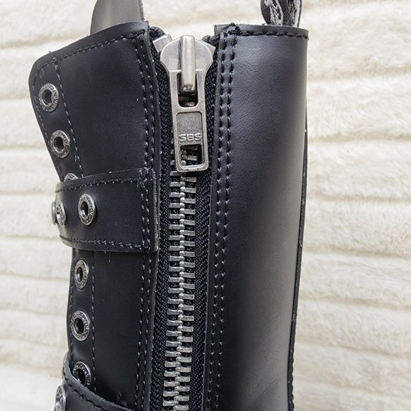 Goth Combat Biker Boots Black Matte Lightning Bolt Tread Bolt 330 - Picture 14 of 14